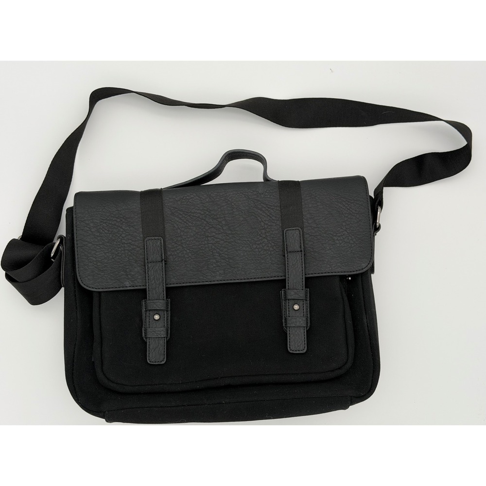 Typo Black Canvas Faux Leather Messenger Bag Crossbody Laptop Satchel Work Bag